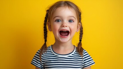 A joyful girl with braids smiles widely against a bright yellow background, showcasing her playful personality.