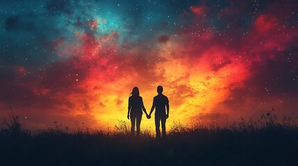 Fototapeta premium Couple holding hands silhouette against a glowing twilight gradient