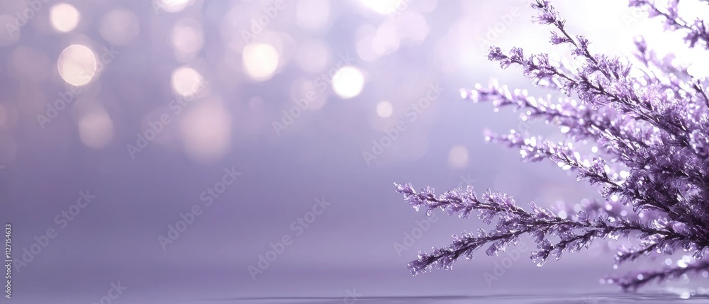 Poster close-up of a branch of a plant with small purple flowers. the branch is on the right side of the im