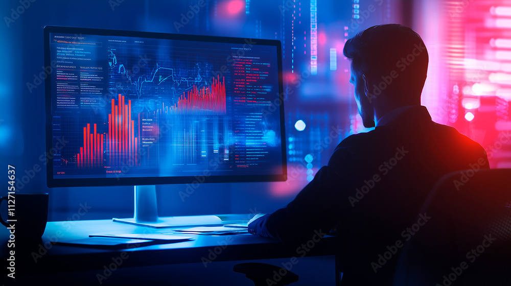 Poster professional man analyzing data on dashboard in modern office