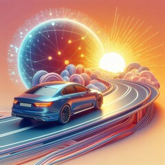 Naklejka premium 3d car sedan rides on the road to meet the sun, concept 3d render for advertising auto products 