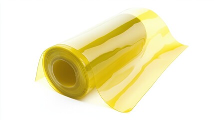 A roll of glossy yellow transparent cellophane with smooth reflections, partially unrolled, isolated on a white background, showcasing material texture and vibrant color.