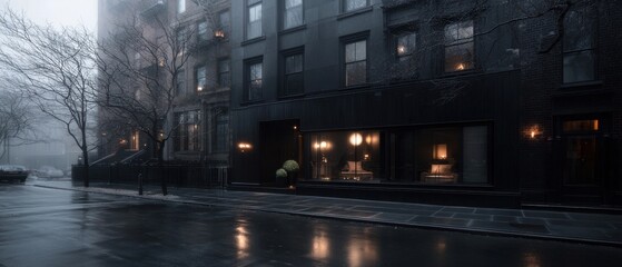 Street scene in a city at night. the street is wet and there are cars parked on the side of the road. the buildings on the left and right sides of the image are tall and have multiple windows.