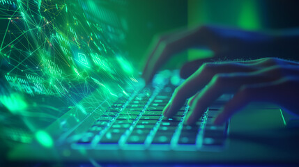 Programmers Hands Typing on Glowing Keyboard with Digital Data