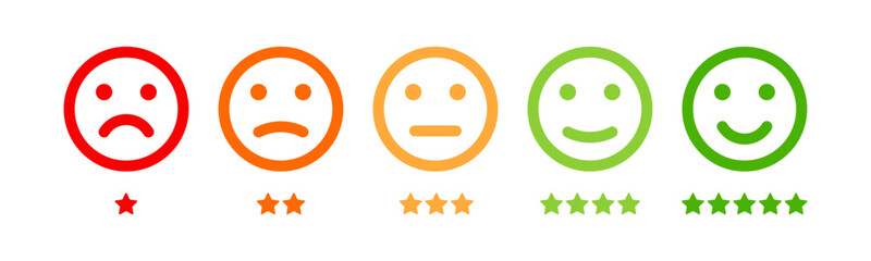 Rating emoji set with five star rating scale for customer review and feedback. Emoticon icons. Level of satisfaction rating. User experience. Customer service and satisfaction concept.