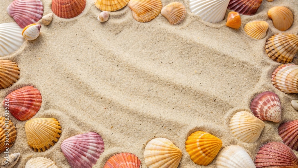 Poster seashells arranged in a circular frame on a soft, sandy beach, creating a picturesque backdrop for s