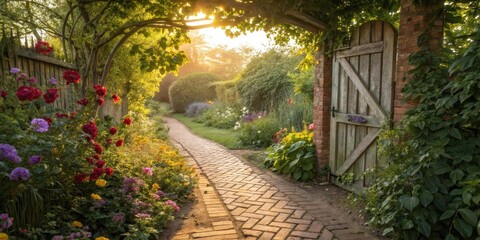Naklejka premium A brick path lined with vibrant flowers leads to a weathered wooden gate, bathed in the golden glow of the setting sun.