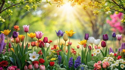 Fototapeta premium Field of Tulips and Flowers, Beautiful Spring Flowers Landscape Background, Vibrant Nature Scene