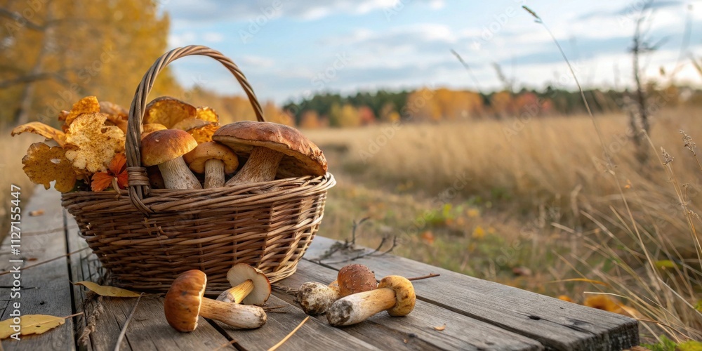 Poster a wicker basket overflowing with freshly picked mushrooms sits on a rustic wooden surface, surrounde