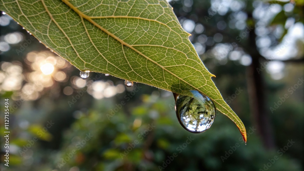 Poster a single raindrop hangs from the edge of a leaf, reflecting the surrounding foliage and the soft glo