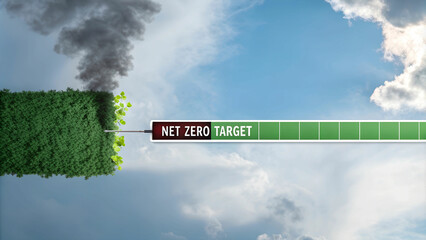 A scale with emissions on one side and green initiatives  balancing it out to net zero target