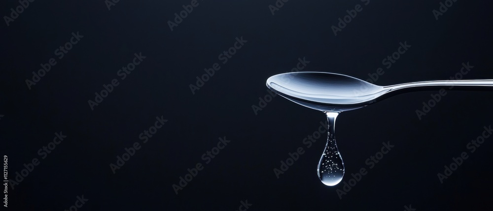 Poster close-up of a silver spoon with a single drop of water on it. the spoon is positioned in the center 