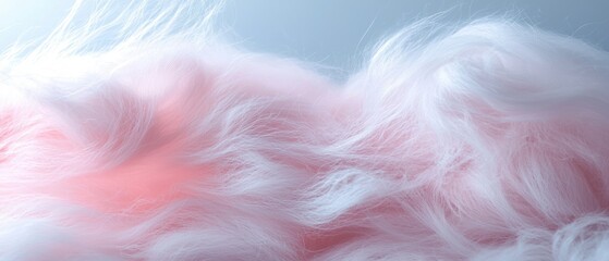 Close-up of a pile of fluffy white and pink fur. the fur appears to be soft and fluffy, with a soft texture. the background is a light blue color, and the fur is a gradient of pink and white.
