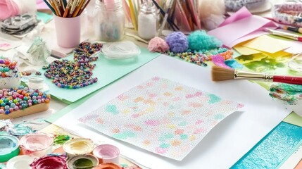 Fototapeta premium A colorful art workspace with paints, brushes, and craft supplies for creative projects.