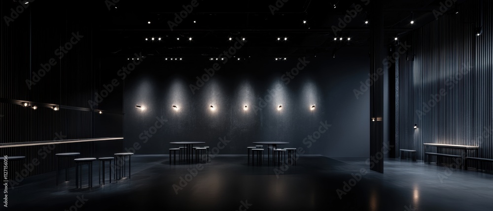 Aufkleber dimly lit room with a black floor and walls. the room has a high ceiling with multiple rows of light