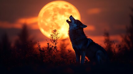 Wolf howling silhouette framed by a full moon gradient