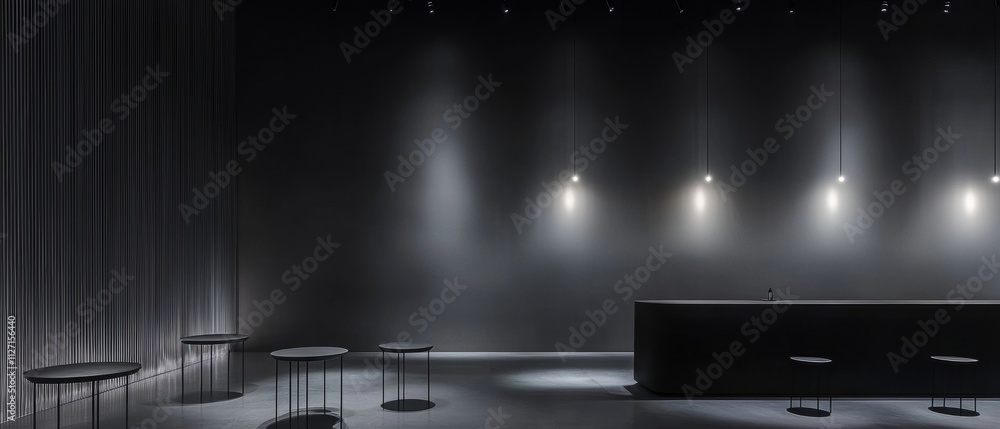 Poster modern and minimalist interior design of a room with a black and white color scheme. the room has a 