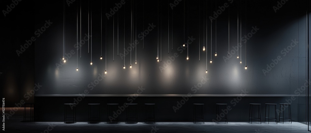 Poster dark room with a long, rectangular table in the center. the table is made of concrete and has a blac
