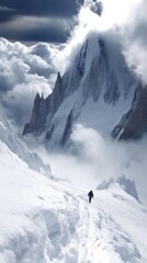 A lone climber traverses a snowy mountain landscape under dramatic clouds.