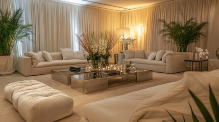 Luxurious living room interior with cream sofas, coffee table, plants, and warm lighting.