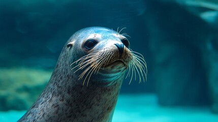 Fototapeta premium Beneath the shimmering surface, a curious seal captivates with its expressive eyes and whiskers. The aquatic environment enhances its elegance, creating mesmerizing aquatic beauty