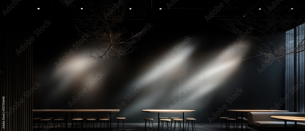 Poster dimly lit room with a black background. the room has a high ceiling with multiple spotlights shining