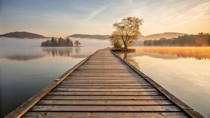 Fototapeta premium A Wooden Dock Extends Into a Misty Lake at Sunrise, Leading Towards a Small Island with Trees