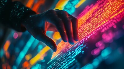 Hand interacts with vibrant, glowing code.