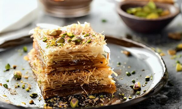 A delicious stack of baklava topped with pistachios on a dark plate.