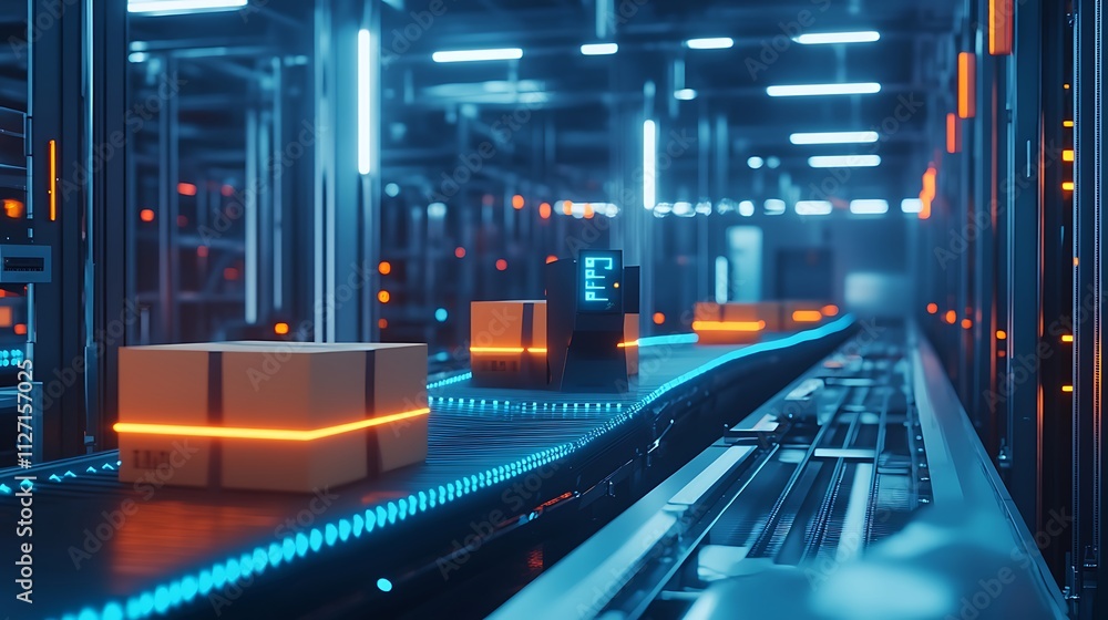 Poster futuristic automated warehouse: high-tech package sorting system