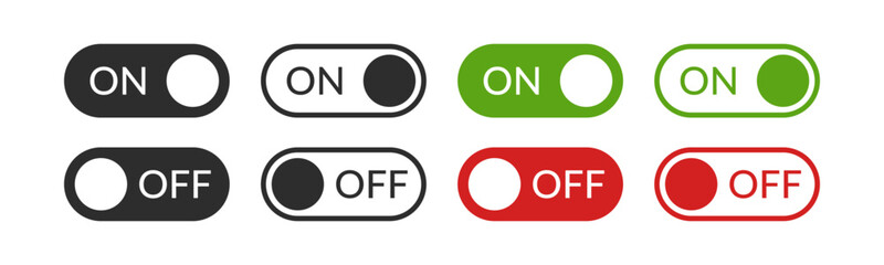 Power On and Power Off switch icon collection set. On off toggle switch symbol. Turn on and turn off switch button with green and red color. Vector Illustration.