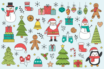 Set with hand drawn Christmas decorations. Collection with cute Santa Claus, snowman, cookie and tree. Vector illustration