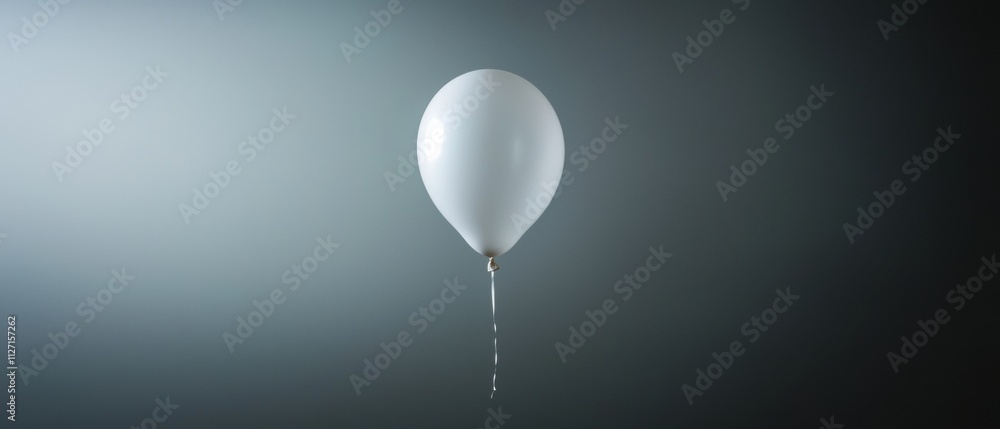 Poster photograph of a single white balloon floating in the air. the balloon is in the center of the image 