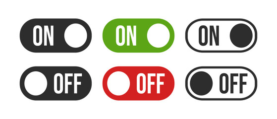 Power On and Power Off switch icon collection set. On off toggle switch symbol. Turn on and turn off switch button with green and red color. Vector Illustration.