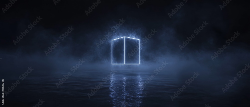 Poster digital art piece that appears to be a 3d rendering of a cube in the middle of a body of water.