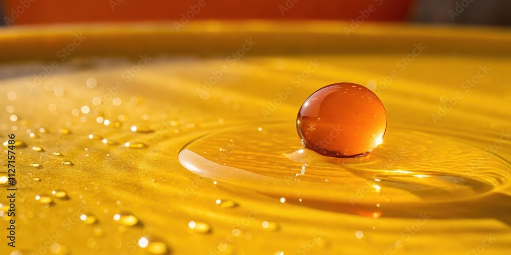 Leinwandbilder a glistening amber sphere rests on the surface of a golden liquid, creating ripples that reflect lig