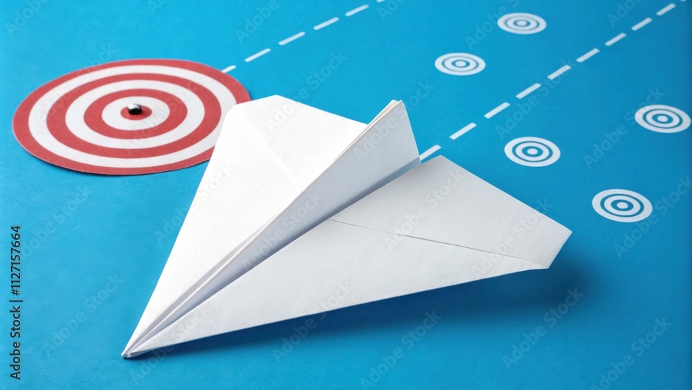 Poster a paper airplane in flight towards a target, showcasing the concept of aiming for success and achiev