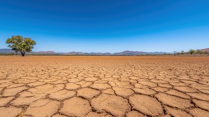 Fototapeta premium Cracked earth and clear blue sky showing climate change