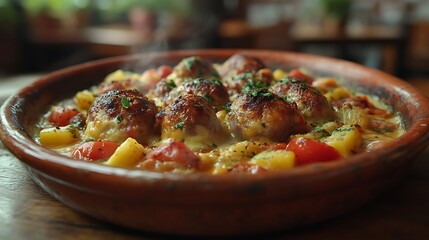 Baked Meatballs with Potatoes and Tomatoes in a Clay Dish