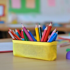 Fototapeta premium School Pencil Case Colorful Pencils for kids in a school classroom