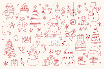 Collection of cartoon Christmas decoration elements. Holiday clip arts: Santa Claus, snowman, cookie and tree. Vector illustration