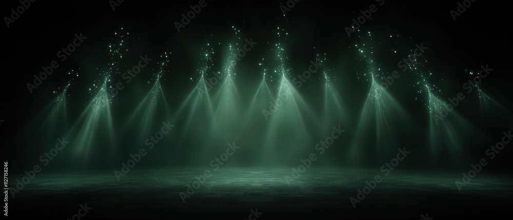 Poster dark background with a stage in the center. the stage is lit up with bright green lights that create