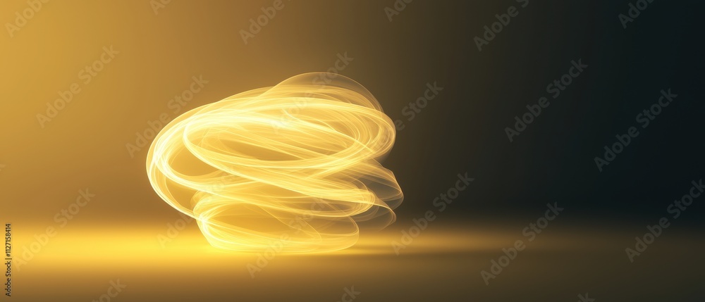 Poster Digital art piece that appears to be a 3d rendering of a spherical object. the object is made up of thin, yellow lines that form a spiral-like shape.