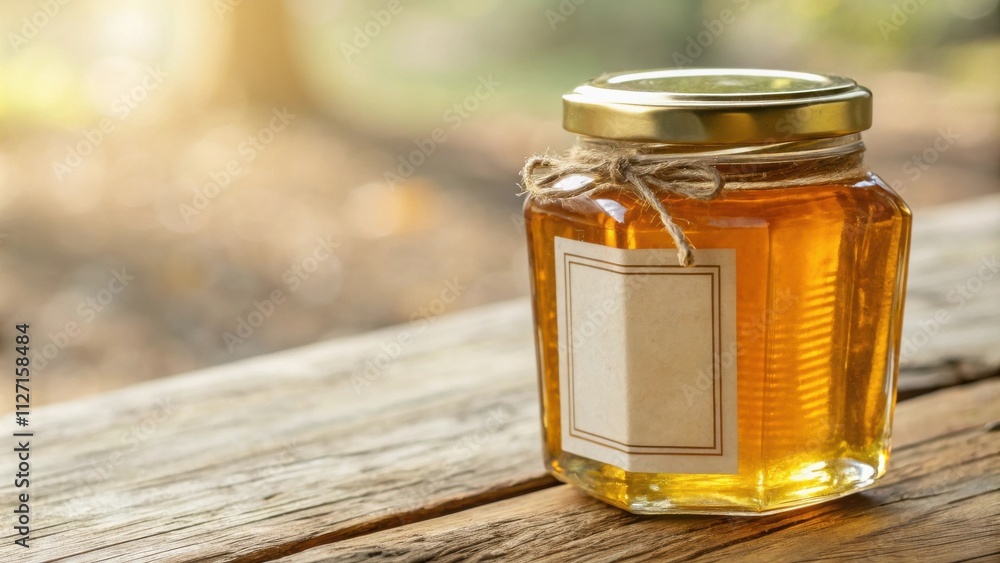 Poster a jar of honey, tied with twine, sits on a wooden table with a blurred background.