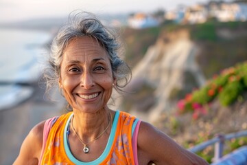 Portrait of a happy indian woman in her 50s wearing a lightweight running vest isolated on beautiful coastal village background