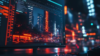 Night city image displayed on a computer screen.