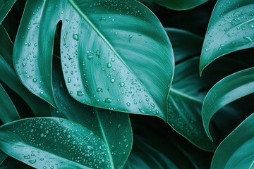 Obraz premium Closeup of lush green leaves with water droplets symbolizing nature