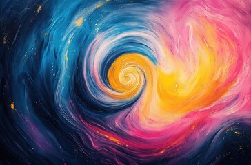 A close-up of an abstract painting with swirling patterns in vibrant colors