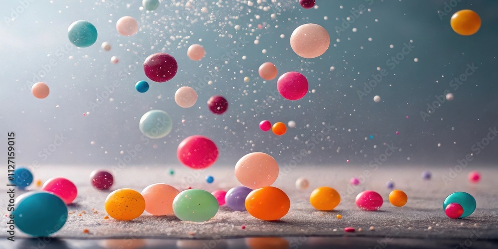 Poster a vibrant collection of colorful spheres falling onto a smooth, textured surface, creating a captiva