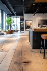Fototapeta premium Modern interior design featuring wooden flooring and stylish furniture in a bright space.